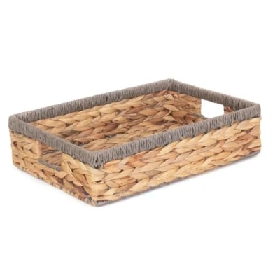 Image of Red Hamper Large Shallow Rectangular Water Hyacinth with Grey Rope Border Storage Basket, Brown