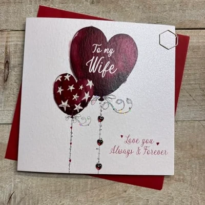 Image of WHITE COTTON CARDS WIFE RED HEART BALLOONS VALENTINE CARD, HAND FINISHED (V24 3)