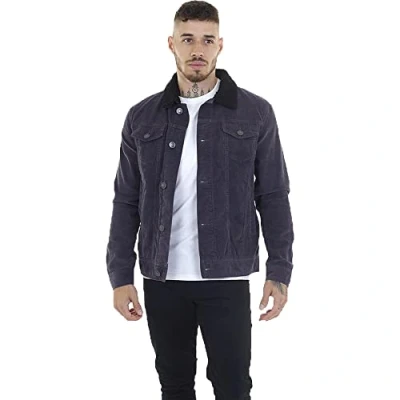 Image of BRAVE SOUL Mens Prestwich Corduroy Jacket Borg Collar Button Up Winter Coat Grey/Black S