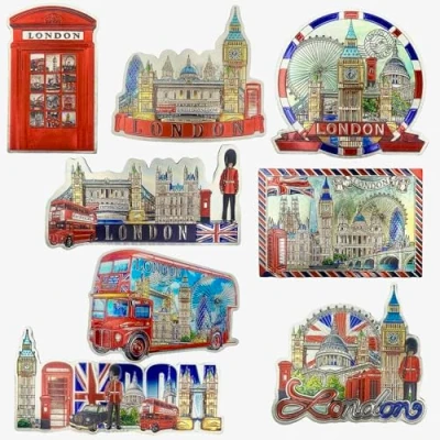 Image of 8 London Souvenirs Shiny Photo Magnets Union Jack British Flag Gift England Cut Out Magnet Landmark Icons Picture Fridge