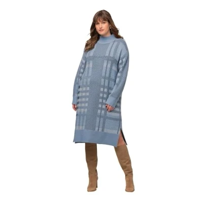 Image of Ulla Popken Women&#039;s Knitted Dress Stand up Collar Chequered, lightblue, 24 26