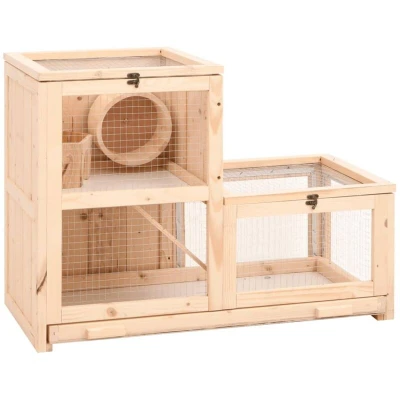 Image of vidaXL Spacious 2 Tier Hamster Cage in Solid Fir Wood Ideal Small Pets House with Running Wheel and Plywood Details Easy to Clean Pull Out Tray Brown