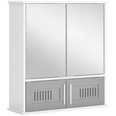 Image of kleankin Bathroom Mirror Cabinet, Wall Mounted Storage Cupboard with Double Doors and Adjustable Shelf, Organizer, Grey