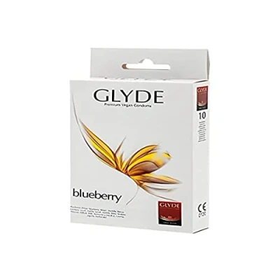 Image of Glyde Ultra blueberry 10 blue condoms with flavour, certified the Vegan Flower