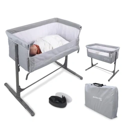 Image of Mobiclinic® Kids, Bedside Sleeper, 2 in 1, Moon,Mattress, Next to me crib, Bed Fixing Straps, 15 kg, 5 Height Adjustable, Carrying Bag, Wheels, Breathable Mesh, Adjustable Angle