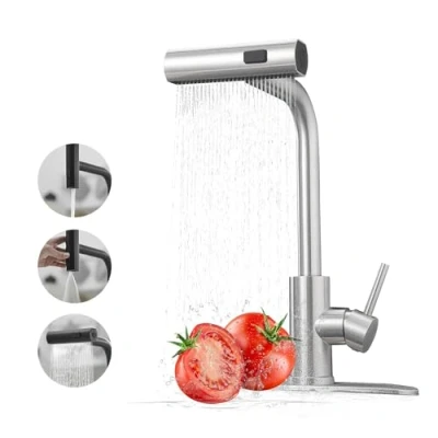 Image of Waterfall Kitchen Taps with Pull Out Spray, Stainless Steel Sink Taps, 3 Function Mixer Tap Down Sprayer, 360Swivel Single Lever Faucet for Bar or Kitchen（G1/2 UK