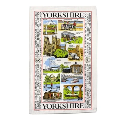 Image of Yorkshire Sights Souvenir Tea Towel Gift Scenes Landmarks Collage Montage White