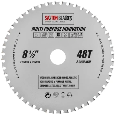 Image of TCT21648TMPT Saxton TCT Multi Purpose Innovation Circular Saw Blade 216mm x 48T Wood and Metal fits Bosch Dewalt Ryobi Makita etc
