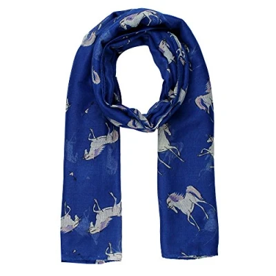 Image of World of Shawls Women Scarf Horses Print Design Ladies Scarves Shawl Wrap Maxi Sarong (Unicorn Horse Navy Blue)