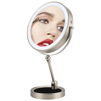 Image of 9&quot; Lighted Makeup Mirror with Magnification 10X,Height Adjustable &amp; Rechargable Magnifying Mirror,Double Sided LED Vanity Mirror,3 Color Lights Brightness Cosmetic Mirror(Brush Nickel)