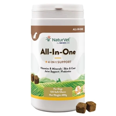 Image of NaturVet All in One Dog Supplements with Multivitamin, Minerals &amp; Prebiotics, Boost Immunity Joint Health, Supports Brain, Heart, Gut, Skin Coat Care (120 Soft Chews)