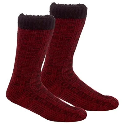 Image of Metzuyan WS AW22 Mens Knitted Sherpa Lining Socks Bed Winter Anti Slip Grippers Burgundy UK 6 11