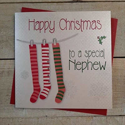 Image of White Cotton Cards Happy Special Nephew Handmade Christmas Card (Stockings) Code fp34