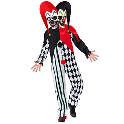Image of amscan 9917862 Mens Halloween Two Faced Jester Clown Fancy Dress Costume, Multi, Medium