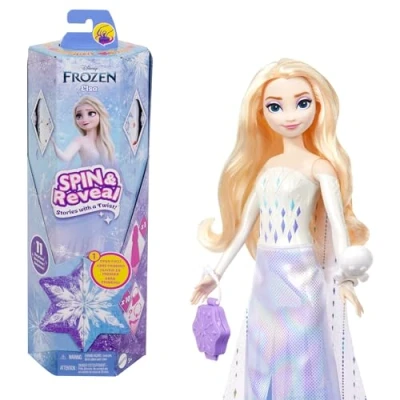 Image of Mattel Disney Frozen Elsa Fashion Doll Set, Spin &amp; Reveal with 11 Surprises Including 5 Accessories, Stickers Play Scene, Inspired by Movie, HTG25