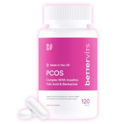 Image of Bettervits PCOS Complex with Inositol, Folic Acid, Berberine MYO Inositol 4000mg and Maca Root 10,000mg Hormonal Balance for Women Vitamin B12 Supplements 120 Tablets