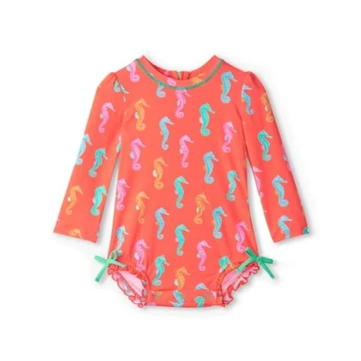 Image of Hatley Baby Girls One Piece Rashguard Swimsuit, Painted Sea Horse, 12 18 Months