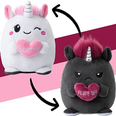 Image of corimori Mood Cuddly Toy, 16 cm Plush Toy for Reversible, Unicorn &quot;Lily &amp; Ruby&quot; White, Pink, Anthracite, Happy vs. Annoyed