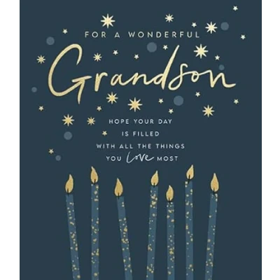 Image of Paperlink Wonderful Grandson Birthday Card Candles and Stars with Foil Finish Eco Friendly Recyclable, 176 x 152 mm, Navy Blue. Gold, White