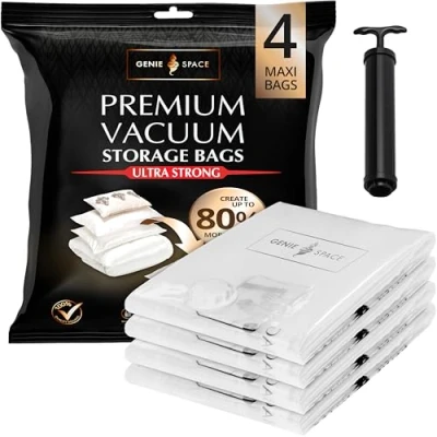 Image of GENIE Space Max Vacuum Bags Pack of 4, Size Strong XXL Jumbo Saving Storage Bag, 43x35in Premium Airtight &amp; Reusable Bag for Duvets, Curtains, Clothes, Coats, Jumpers Pillows