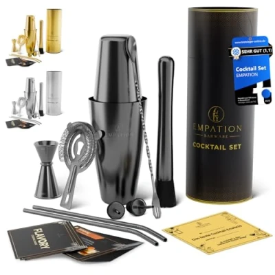Image of EMPATION Cocktail Shaker Black, 9 piece Set with 825ml Boston shaker, Making Kit recipe cards perfect as a gift, Bar for Beginners &amp; Pros, accessories home pub