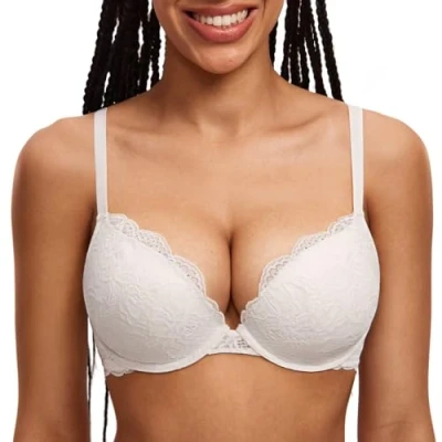 Image of DOBREVA Women&#039;s Push Up Lace Bra Sexy Plunge Padded Underwire Support Bras Lift Coconut White 40B