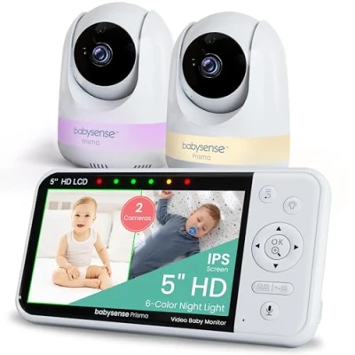 Image of Babysense Prisma Baby Monitor with Camera and Audio, 5 HD Video 2 Cameras, 6 Color Night Light, Split Screen, Sound Machine White Noise &amp; Lullabies, Secure No WiFi