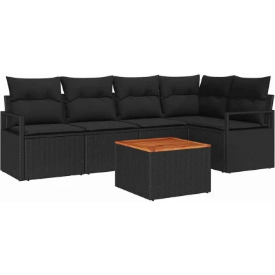 Image of vidaXL 6 Piece Garden Sofa Set with Cushions Black Poly Rattan Acacia