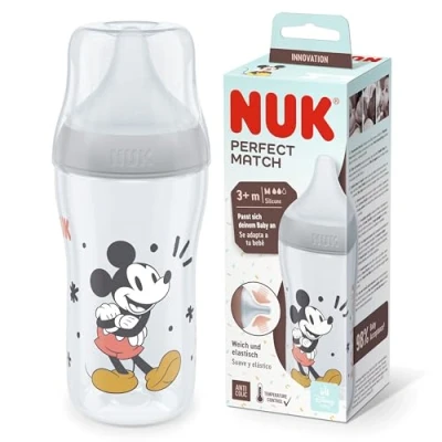 Image of NUK Perfect Match Baby Bottle 3+ Months Adapts to Baby&#039;s Palate Temperature Control Anti Colic Vent 260 ml BPA Free Medium Silicone Teat Disney Mickey Mouse [Grey]