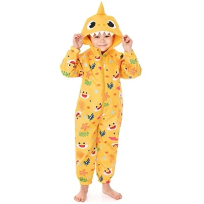 Image of Baby Shark Kids Puddle Suit Yellow All In One Rain Coat for Boys &amp; Girls Family Song Over Print Long Sleeve with Cuffs Play Walking Jacket Merchandise Gift Toddlers