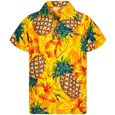 Image of King Kameha Men&#039;s Pineapple Desings Summer Party Shirts Short Sleeve, Hibiscus, Yellow, XL
