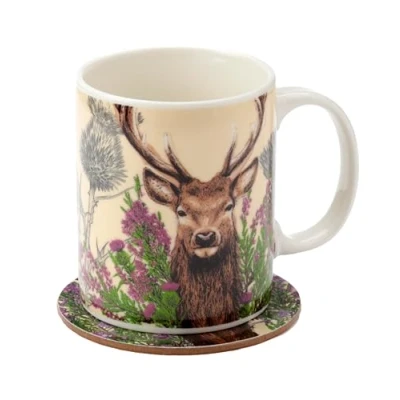 Image of Puckator Wild Stag Christmas Porcelain Tea Coffee Mug &amp; Coaster Set Funny Home Accessories Cute Gifts for Girlfriend Large Mugs Men Women Hot Drinks Cups Presents Secret Santa Gift Cup