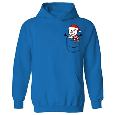 Image of Flip Snowman in Pocket Print Christmas Kids Pullover Hoodie Sapphire Blue 12 13 Years (XL)