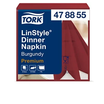 Image of Tork 478855 Premium Linstyle Burgundy Dinner Napkin / 1 Ply Absorbent Unprinted Serviette in Dark Red 12 x 50 Sheets (WxL: 19.5cm 19.5cm)