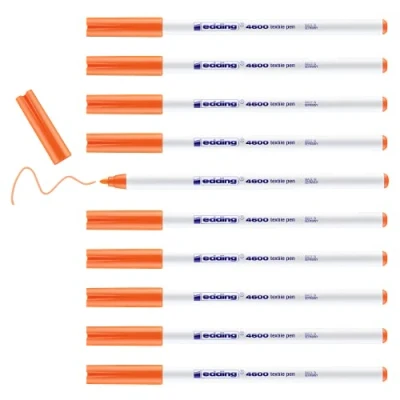 Image of edding 4600 textile pen neon orange box of 10 round nib 1 mm permanent fabric pens for drawing on textiles, wash resistant to 60 C
