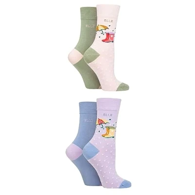 Image of Elle Ladies Bamboo Fibre Socks Plain, Striped &amp; Patterned Casual Day to in a Multipack of 4 Size 8 Pastel Pattern