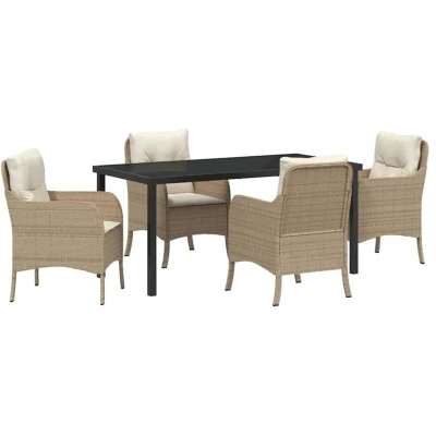 Image of vidaXL 5 Piece Garden Dining Set with Cushions Beige Poly Rattan