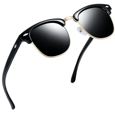 Image of Joopin Semi Rimless Polarised Sunglasses Mens, UV400 Protection Classic Horn Rimmed Half Frame for Men Women (Glossy Black)