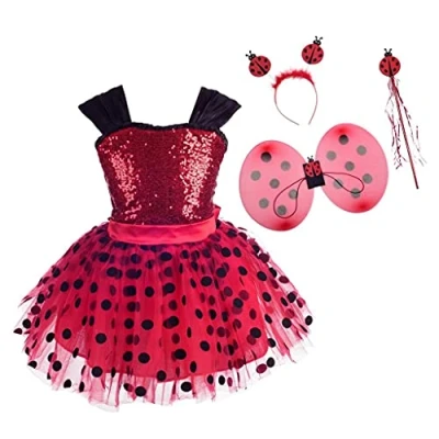 Image of Lito Angels Ladybug Costume Red Polka Dot Fancy Tutu Dress Up for Kids Girls, Party Outfit with Wings and Accessories Age 8 9 Years
