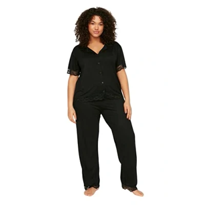 Image of Trendyol Women Straight Knitted Shirt Trousers Plus Size Pajamas Set Schwarz