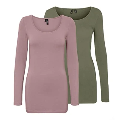 Image of VERO MODA Female Long Sleeve Blouse 2 Pack, Pink/Green (1 x Wood Rose / 1 Dusty Olive), M