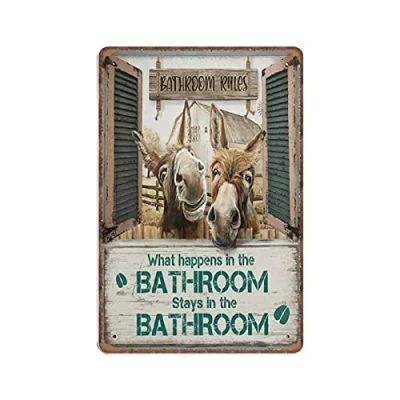 Image of DAIERCY Donkey Tin Signs Funny Bathroom Wall Art What Happen in Stay Vintage Metal Sign Plaqu Poster Pub Bar Kitchen Garden Home Decor, 140x200 mm