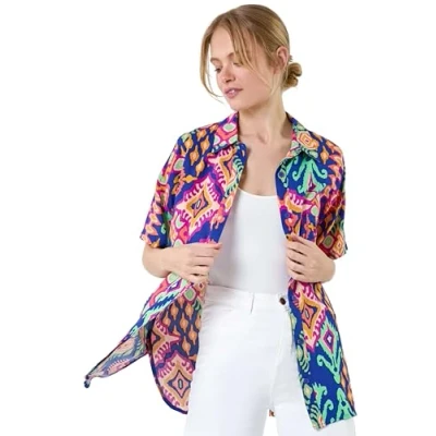 Image of Roman Originals Shirt for Women Ladies Cotton Blouse Button Through Tunic Printed Top Work Long Sleeve Smart Casual Going Out Office V Neck Everyday Evening Event Blue Multi Size 12
