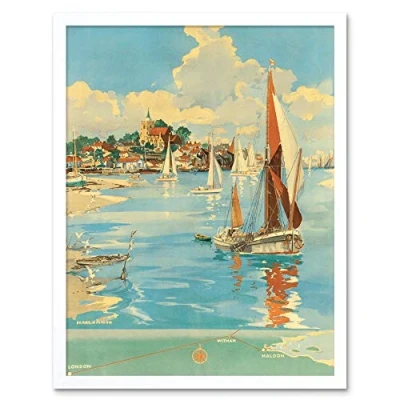 Image of Wee Blue Coo Travel England Maldon British Railways Harbour Sail Boat Art Print Framed Poster Wall Decor 12X16 Inch