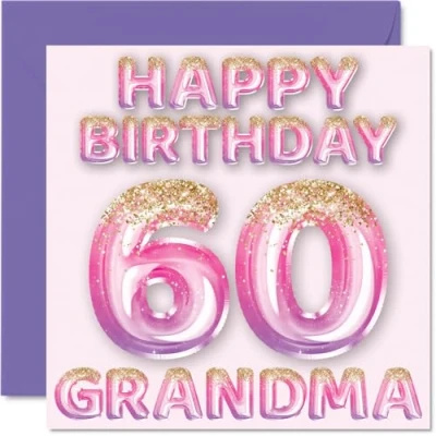Image of 60th Birthday Card for Grandma Pink &amp; Purple Glitter Balloons Happy Cards 60 Year Old from Grandson Granddaughter, 145mm x Bday Greeting Gift