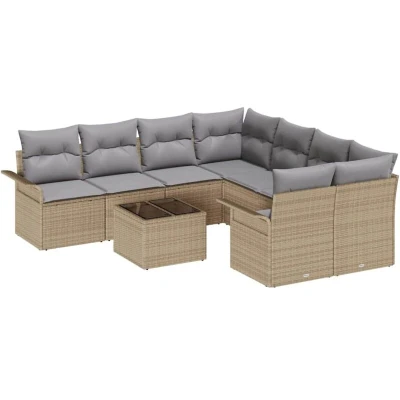 Image of vidaXL 9 Piece Garden Sofa Set with Cushions Beige Poly Rattan