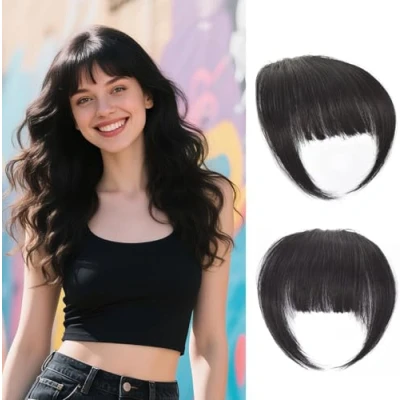 Image of Hair Clip in French Human Bangs Pieces for Women Fringe Extensions with Temples Party and Daily Wear（French Bangs,Natural Color) ﻿