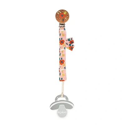 Image of Kaloo K&#039;doux Fabric and FSC Wood Soother Holder Bi Material: Soft Cotton Muslin Dummy Strap for Babies 16.5 cm Poppy Pattern 0 Months +, K216005