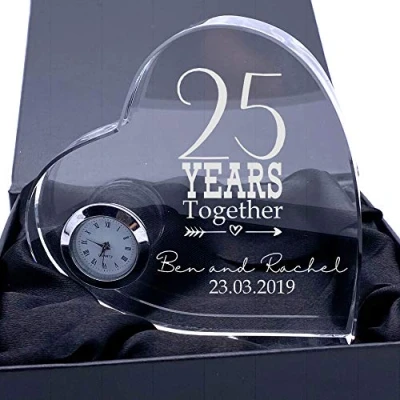 Image of ukgiftstoreonline Engraved Heart Crystal Glass Clock Any 1st, 5th, 10th, 25th, 30th, 40th, 50th, 60th