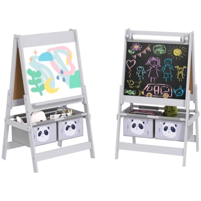 Image of AIYAPLAY Kids Easel with Paper Roll, 3 in 1 Art for Children, Blackboard, Whiteboard, Storage Baskets, Grey
